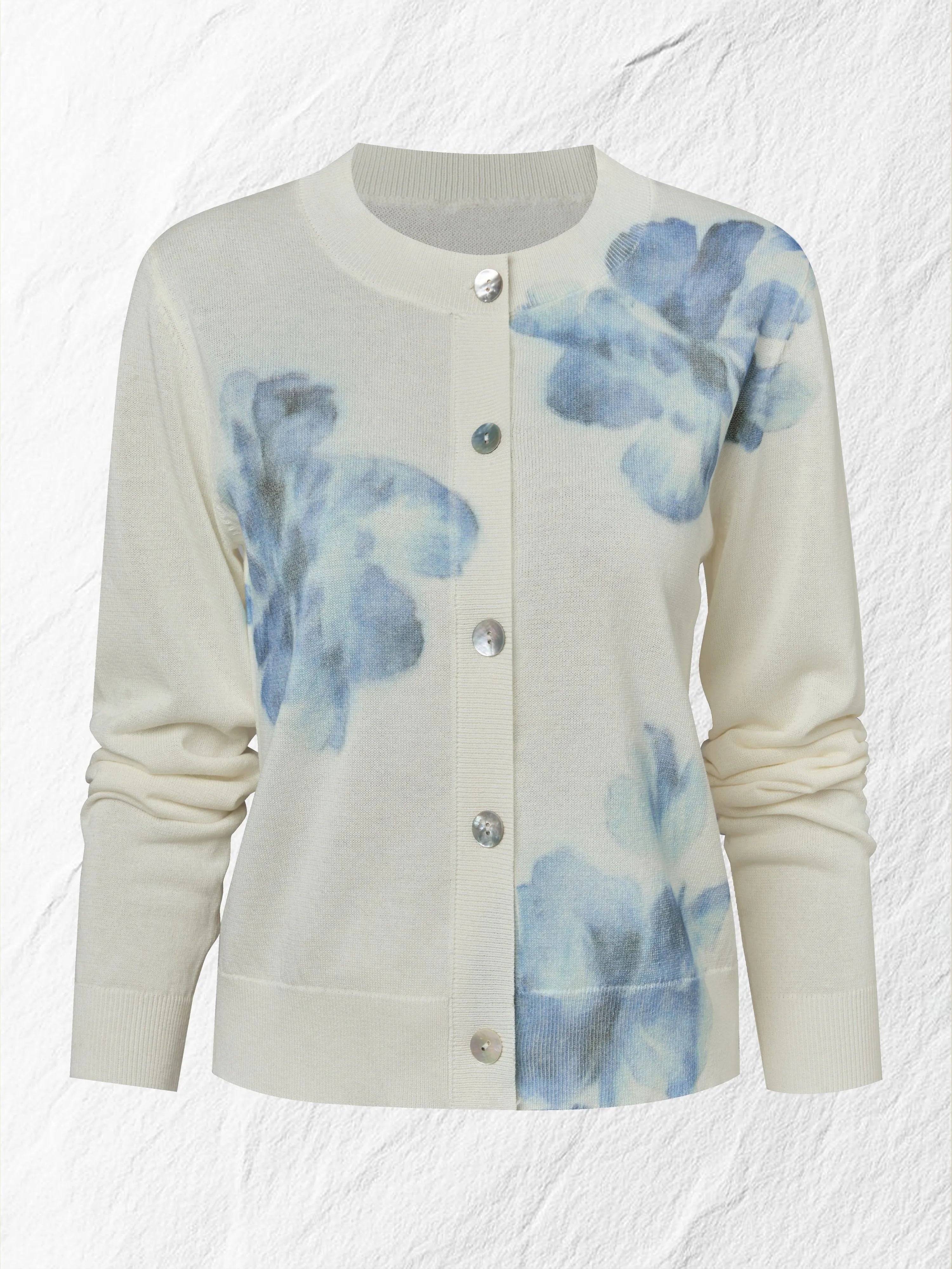 Wool Cardigan, Long Sleeves, Round Neck, Floral, Button Design, Vacation, Vintage, White