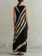 Black & Beige Diagonal Striped Sleeveless Maxi Dress
