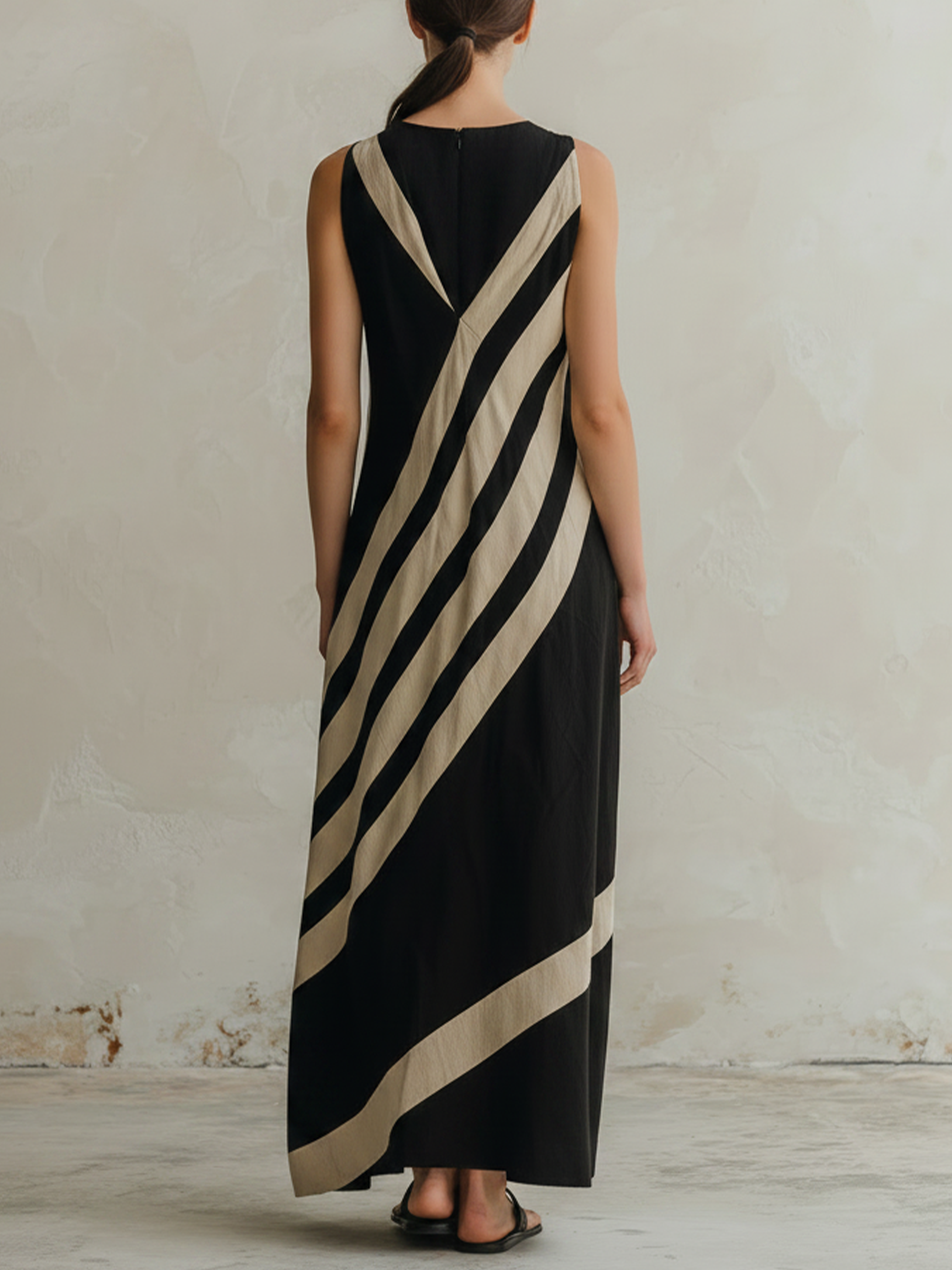 Black & Beige Diagonal Striped Sleeveless Maxi Dress