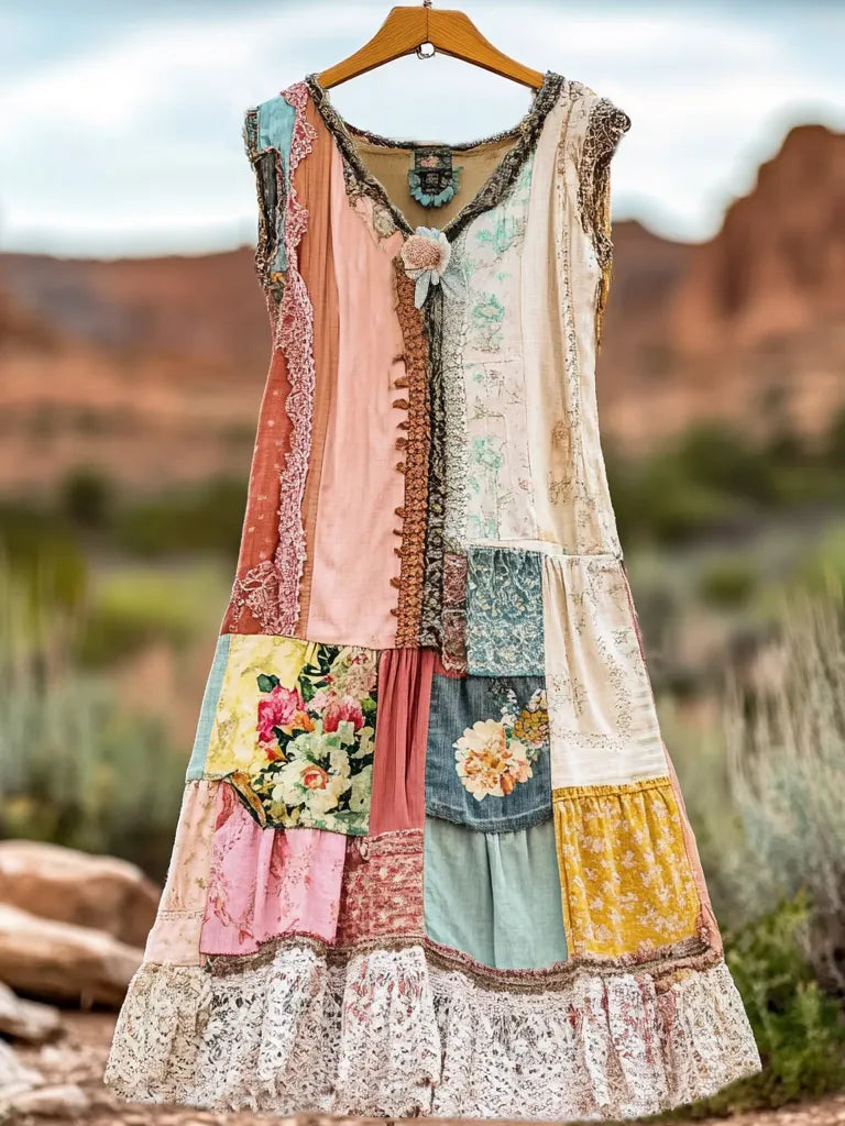Women's Vintage Floral Lace Patch Comfort Dress d268