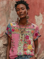 Women's Vintage Bohemian Floral Embroidery Art Round Neck Short Sleeve Linen Blend T-shirt