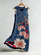 Japanese Floral Art V Neck Flowy Linen Midi Dress