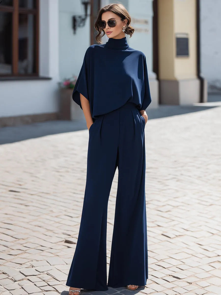 Minimalist High-Neck Draped Blouse & Wide-Leg Trouser Set
