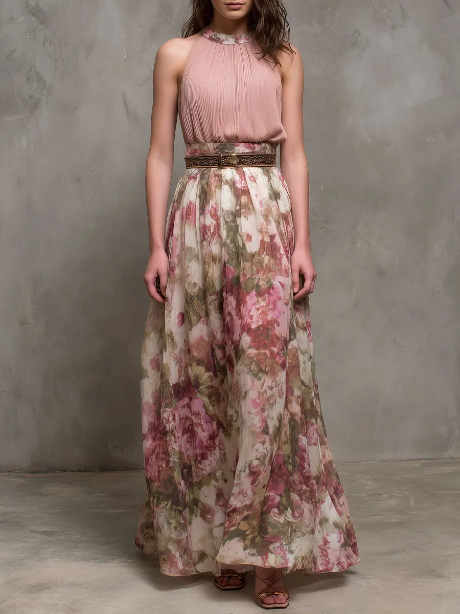 Elegant Blush Pleated Floral Print Halter Maxi Dress