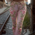 Pink Roses Glitter Embroidered Washed Bootcut Jeans
