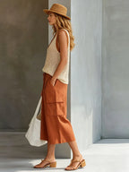 Casual Retro Mesh Knit Vest Caramel Cotton Linen Workwear Shorts Set