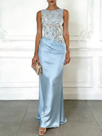 Blue  Embroidery Satin Crew Neck Sleeveless Sheath Gown Dress