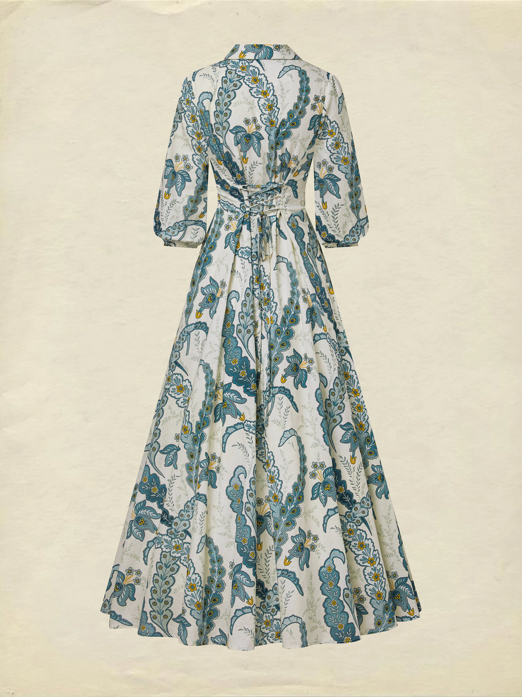 Maxi Linen Dress, Half Sleeve, Shawl Collar, Paisley, Button Design, Vacation, Vintage, White