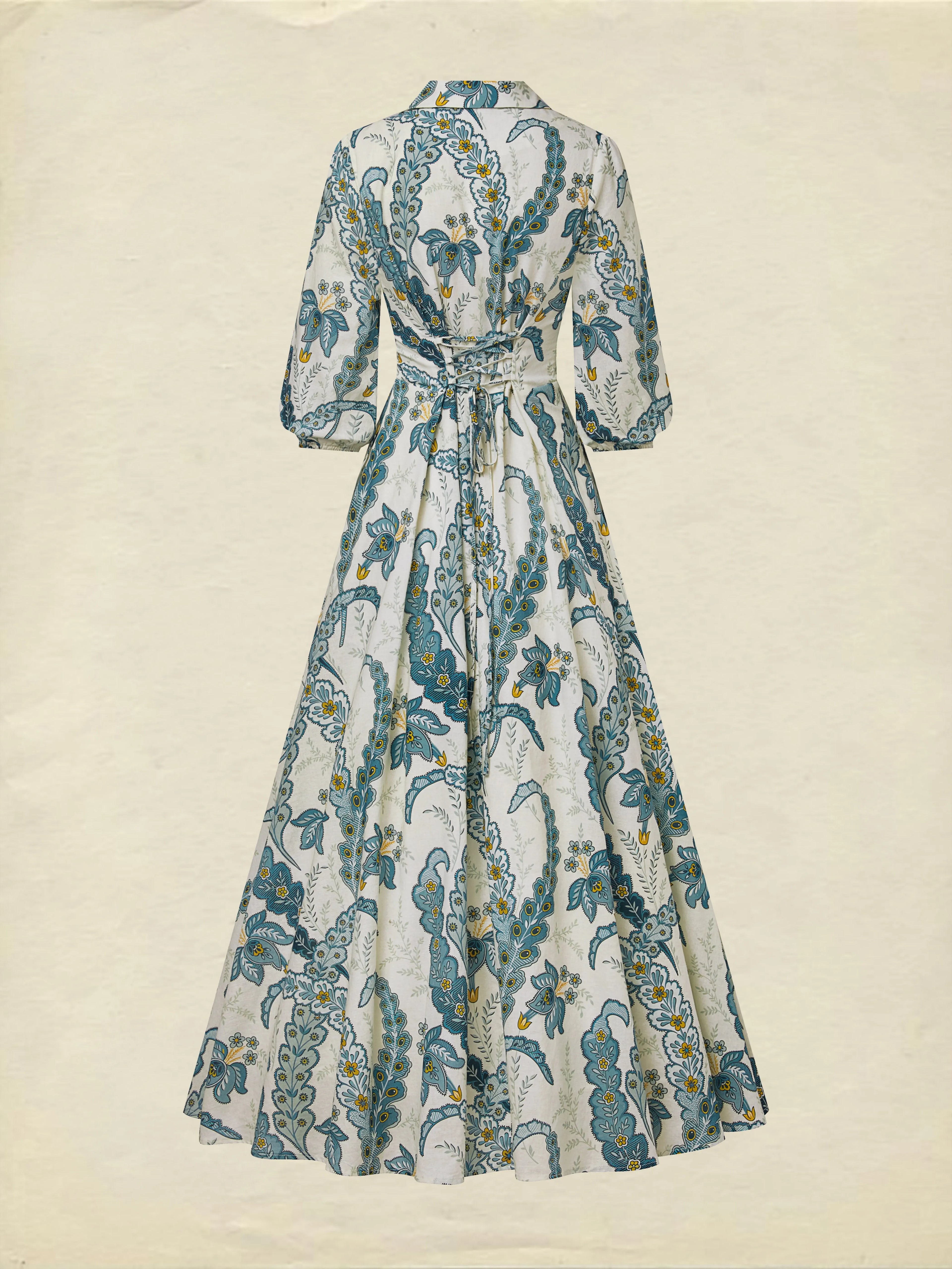 Maxi Linen Dress, Half Sleeve, Shawl Collar, Paisley, Button Design, Vacation, Vintage, White