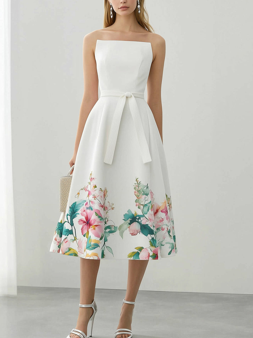 Chic Strapless Floral Satin Midi Dress with Matching Belt