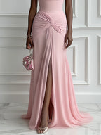 Pink Ruched Slit Formal Dress Cowl Neck Sleeveless A-Line Gown Dress