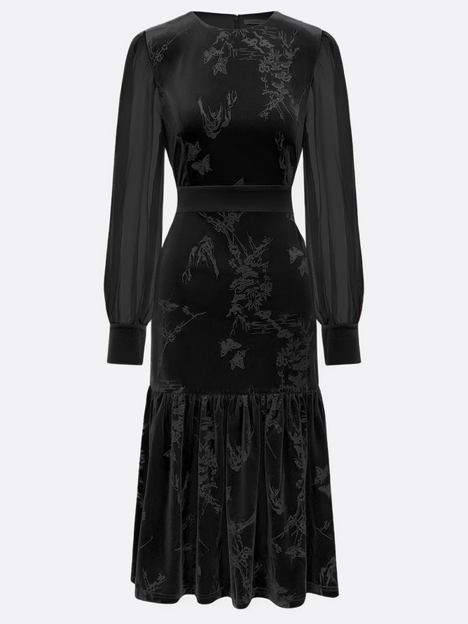 Black Mesh Jacquard Velvet Crew Neck Long Sleeve Balloon Sleeve Mermaid Midi Dress