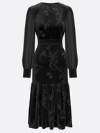 Black Mesh Jacquard Velvet Crew Neck Long Sleeve Balloon Sleeve Mermaid Midi Dress