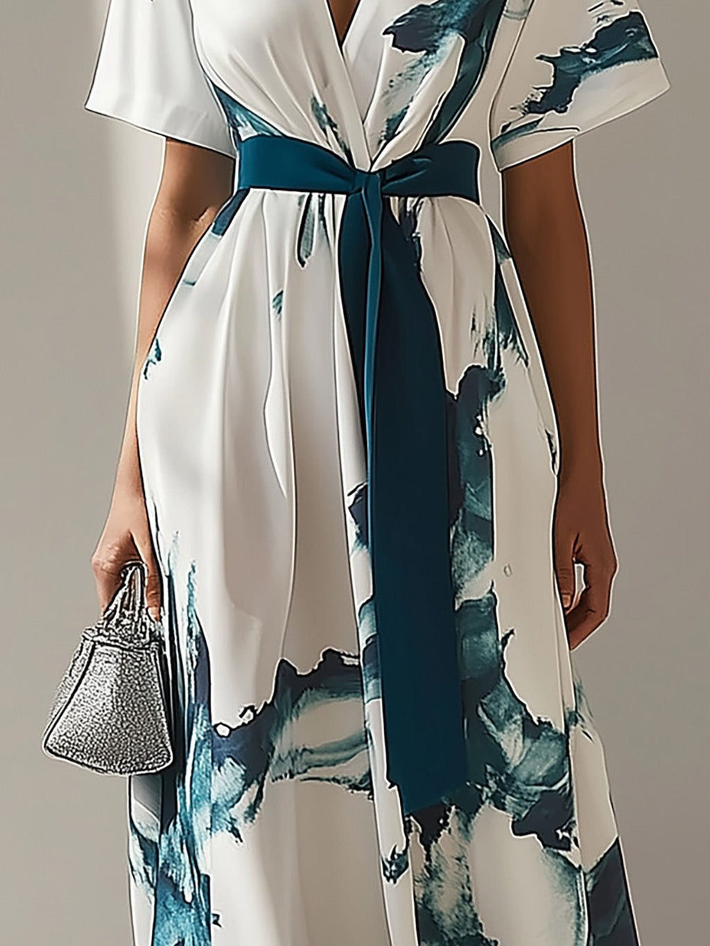 Elegant Chiffon Printed Dress with Waist Tie
