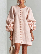Women's 3D Floral Cuff Balloon Sleeve Mini Dress, Front Floral Button Cotton Linen Blend Shift Dress