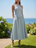 Midi Cotton Dress, Sleeveless, One Shoulder, Plain, French Vintage, Blue