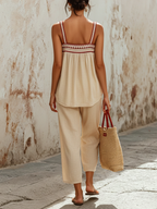 Boho Embroidered Linen-Blend Cami Top & Wide-Leg Pants Two-Piece Set