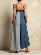 Color-Block Tencel Denim Jumpsuit – Two-Tone Wide-Leg Style