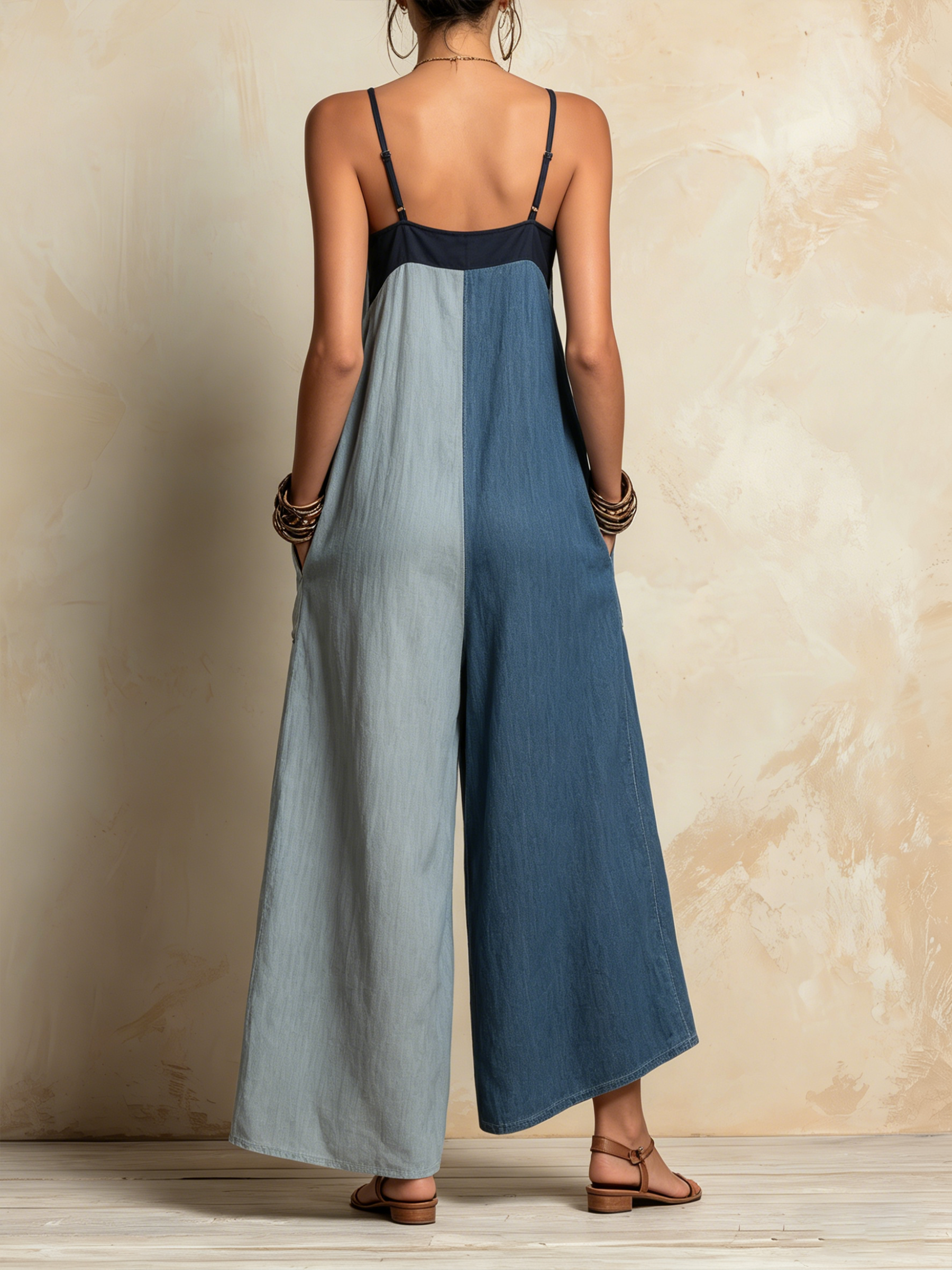 Color-Block Tencel Denim Jumpsuit – Two-Tone Wide-Leg Style