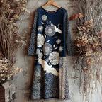 Women's Vintage Japanese Crane Art Linen Blend Round Neck Dress