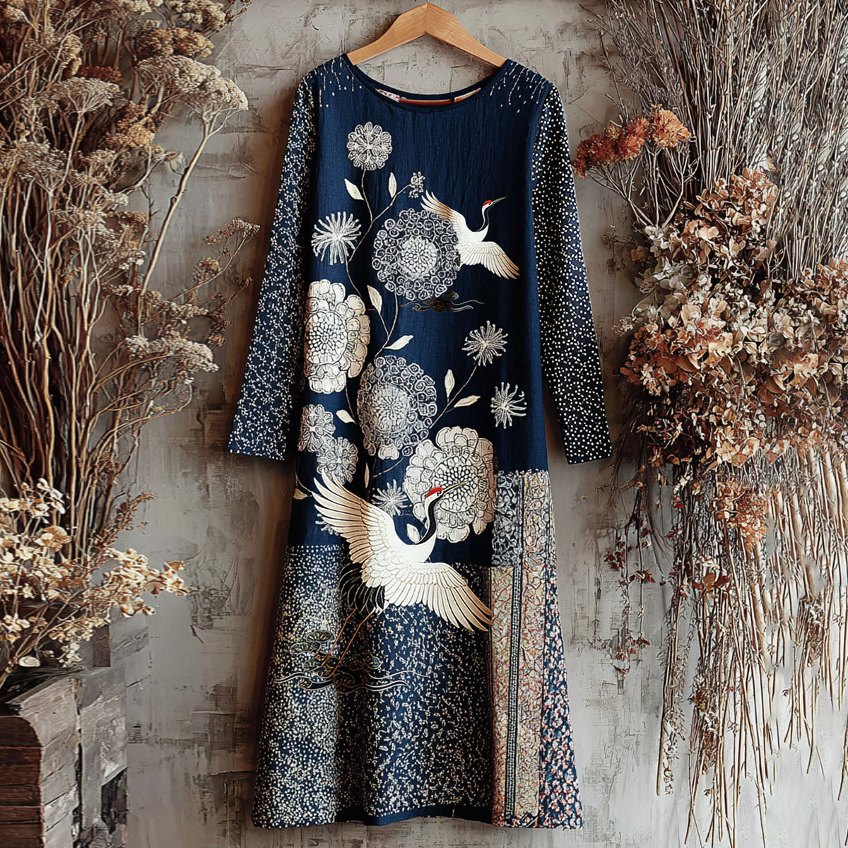 Women's Vintage Japanese Crane Art Linen Blend Round Neck Dress