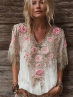 Women's Rose Flower V-neck Vintage Linen Short-sleeve Shirt