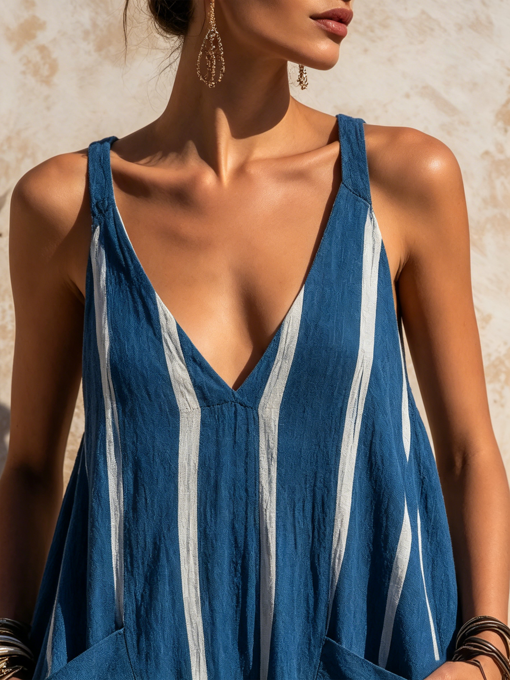 Oversized Striped Sleeveless Jumpsuit With Deep Pockets
