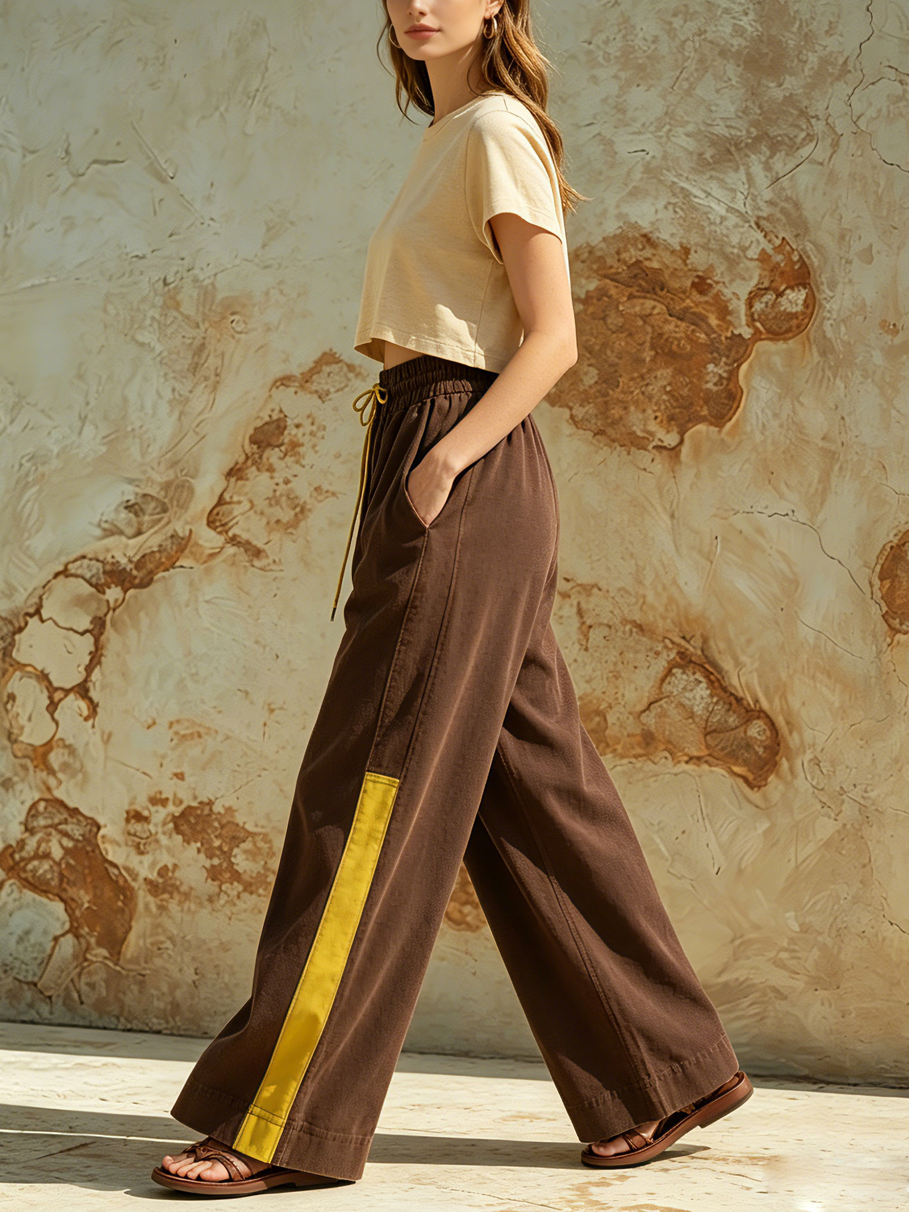 Color-Block Wide-Leg Pants Elastic Drawstring Waist