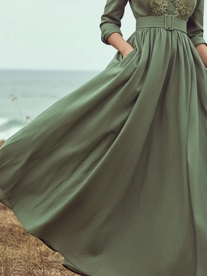 Maxi Linen Dress, Long Sleeves, Shawl Collar, Plain, Lace, Vacation, Vintage, Green