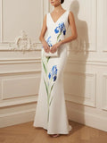 White Floral Classic V Neck Sleeveless A-Line Gown Dress