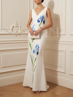White Floral Classic V Neck Sleeveless A-Line Gown Dress