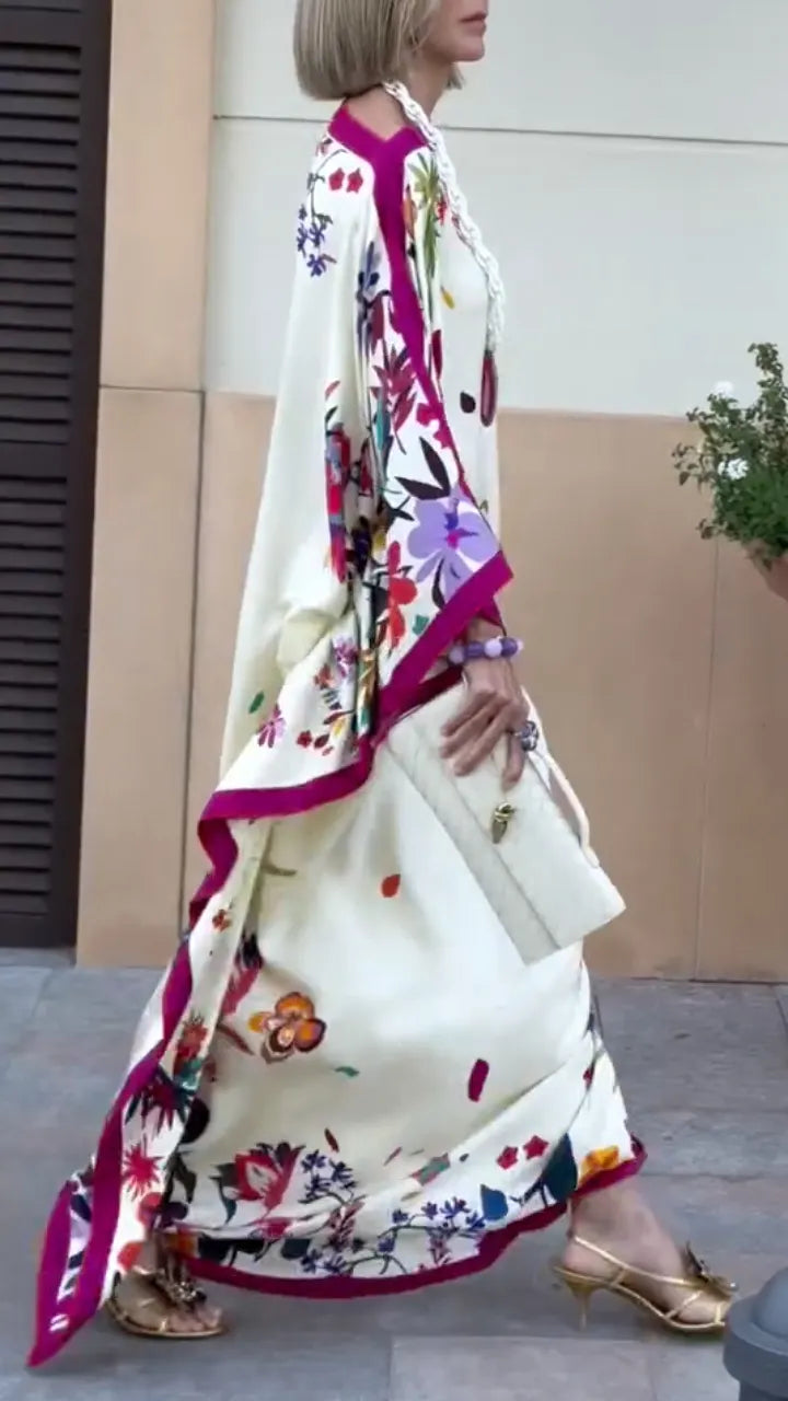 Floral Print Satin Kaftan Maxi Dress