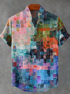 Oil Painting Style Lattice Vintage Art Print Casual Cotton Linen Shirt