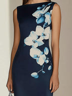 Navy Blue Single-Sided Satin Print Dress