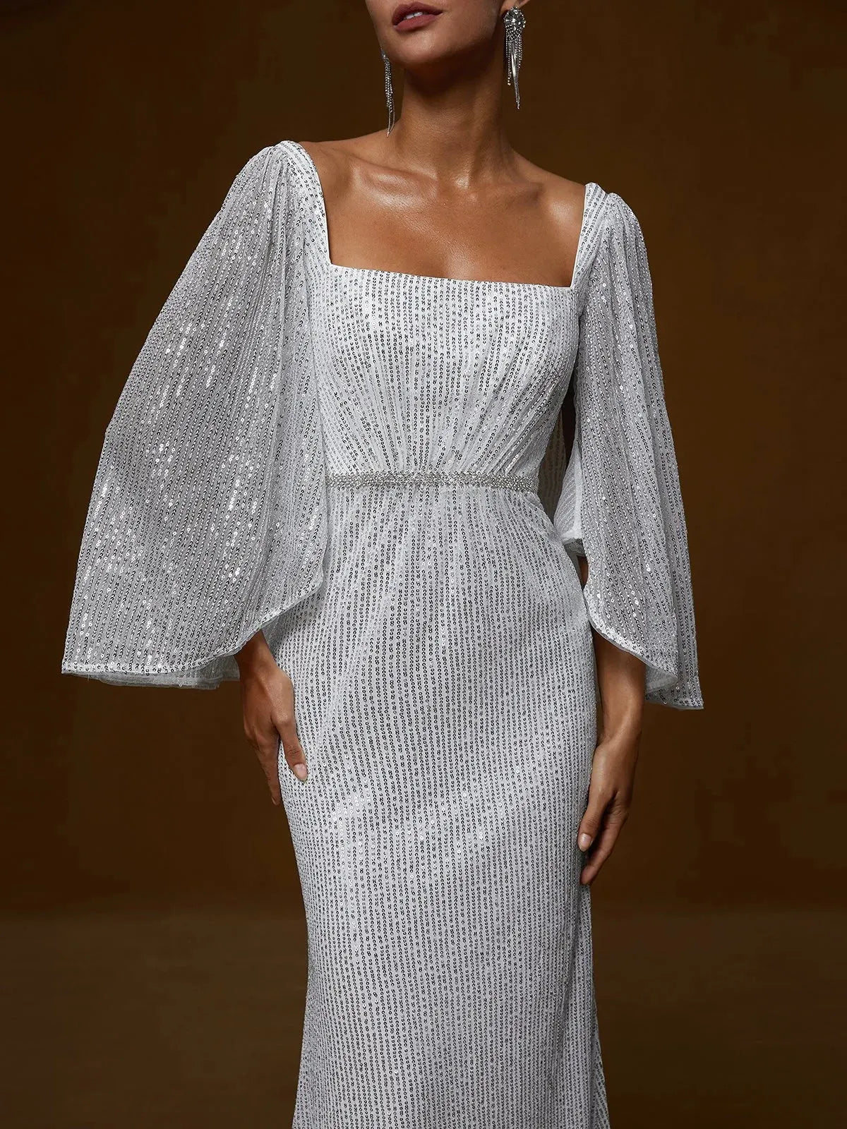 Silver Rhinestone Sequin Square Neck Three Quarter Sleeve Sheath Gown Dress