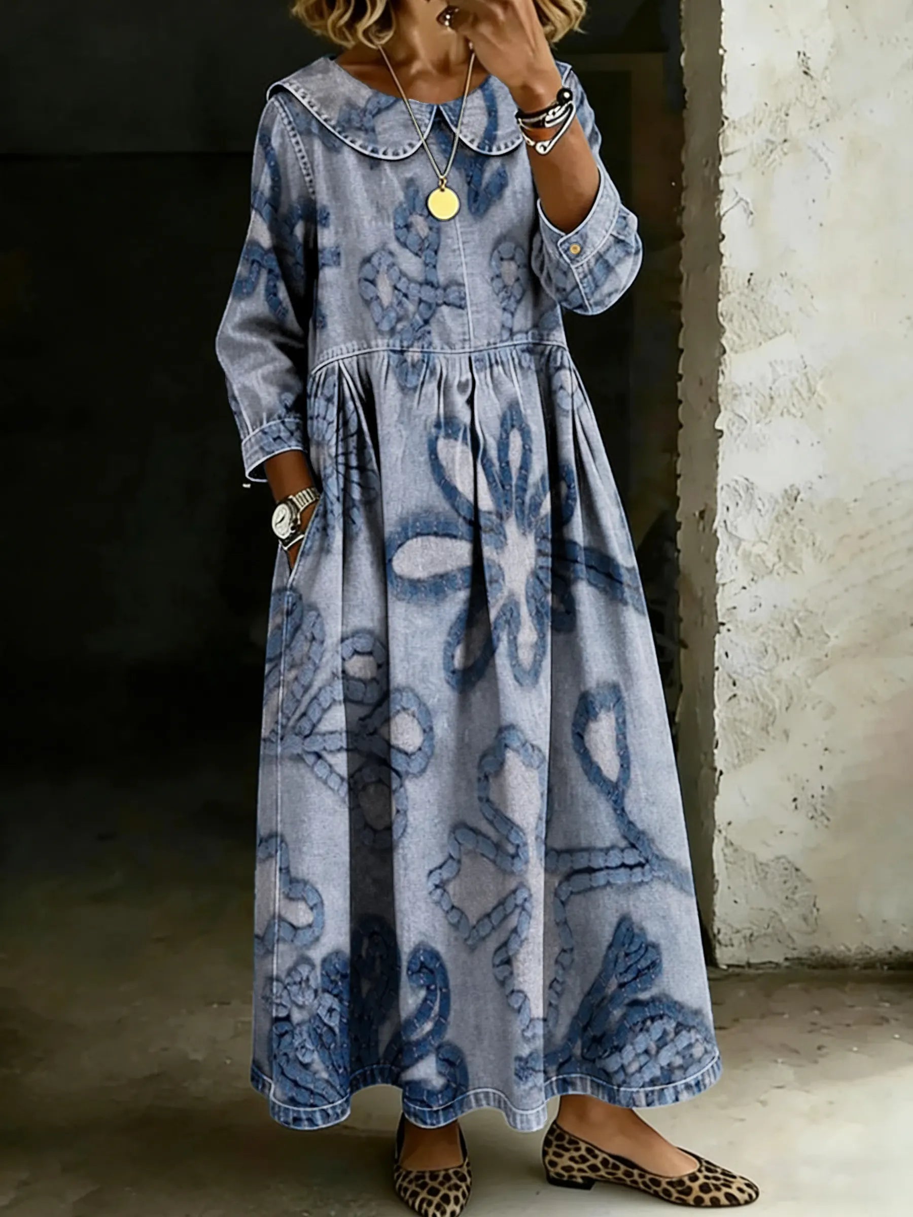 Women's Retro Blue Floral Splicing Long-sleeved Loose-fitting Casual Denim Dress
