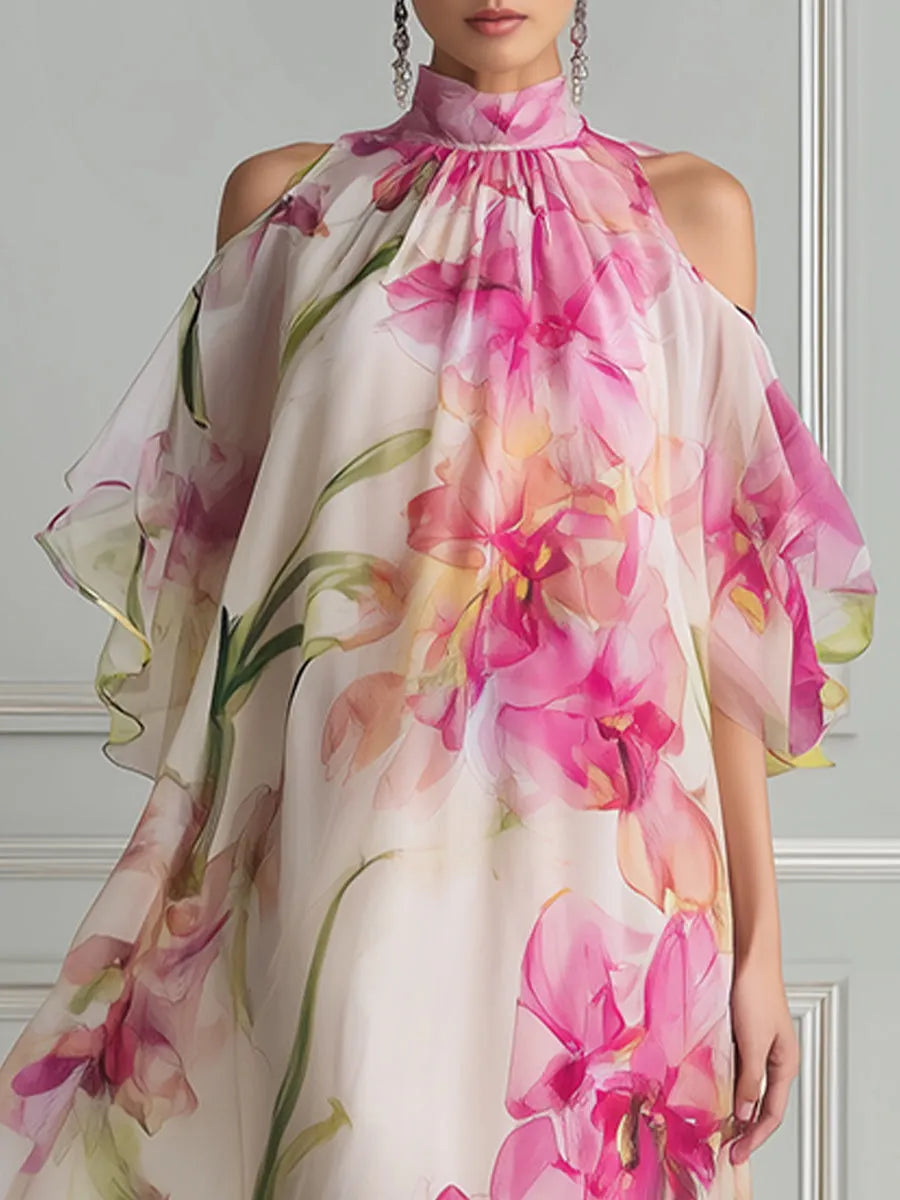 Floral Watercolor High-Neck Cold-Shoulder Maxi Dress