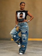 Patch Strap Cargo Denim Pants