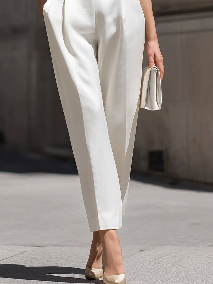 Sleeveless Stand Collar Button Down Crop Top & High Waist Pleated Tapered Pants