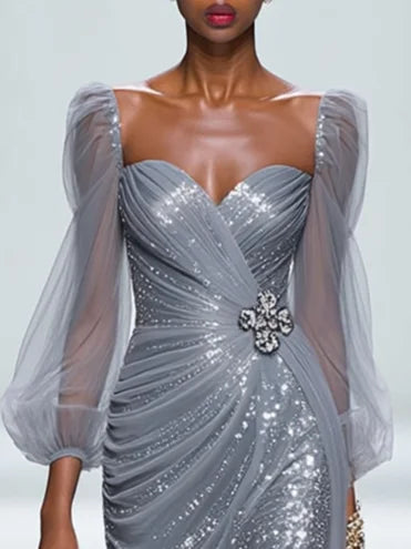 Silver Gray Buckle Sequin Sweetheart Neckline Long Sleeve Sheath Maxi Dress