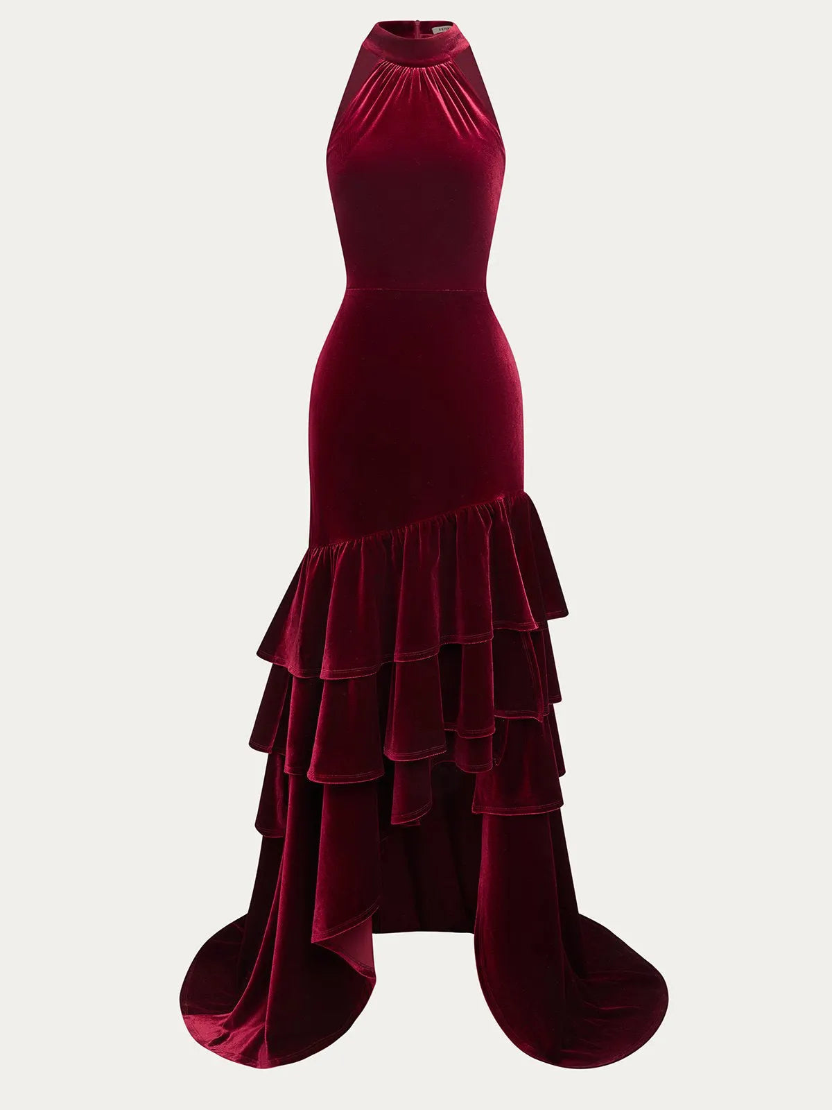 Burgundy Ruched Peplum Velvet Halter Sleeveless A-Line Gown Dress