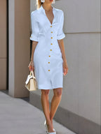White Buckle Cotton Shirt Collar Short Sleeve Sheath Midi  Dress