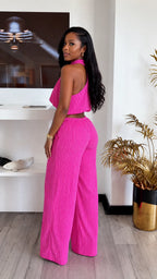 Hot Pink Striped Halter Top & Wide‐Leg Pants Set
