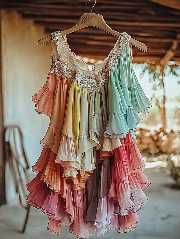 Summer romantic rainbow color ruffle lace patchwork top 0e2b