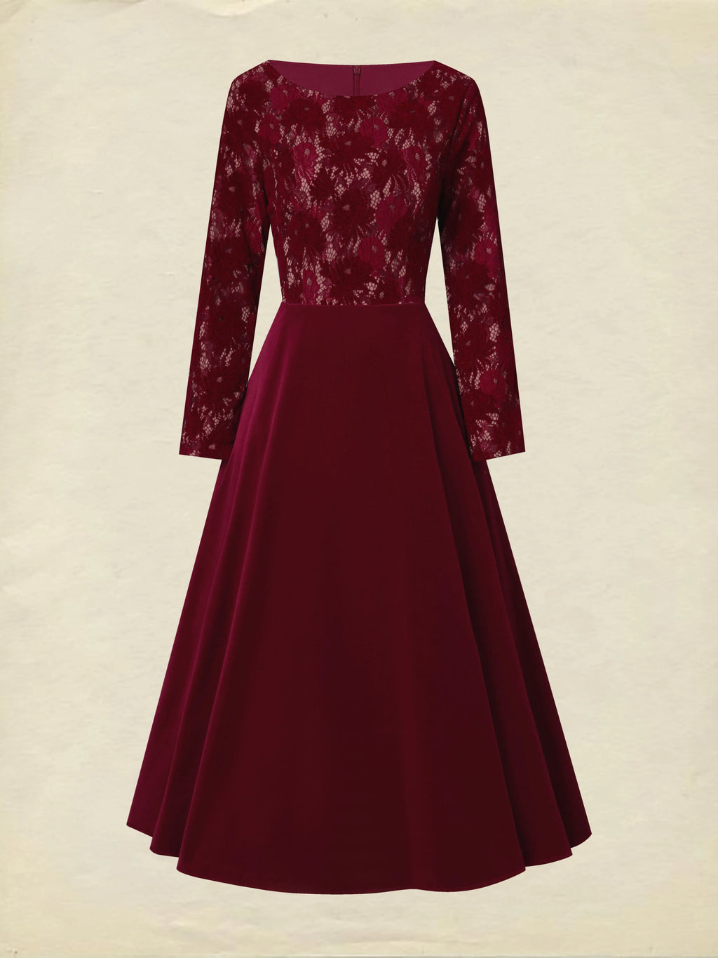 Midi Cotton Dress, Long Sleeves, Round Neck, Floral, Lace, Vintage, Red
