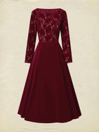 Midi Cotton Dress, Long Sleeves, Round Neck, Floral, Lace, Vintage, Red