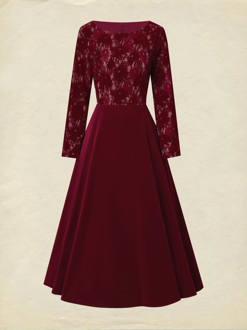 Midi Cotton Dress, Long Sleeves, Round Neck, Floral, Lace, Vintage, Red
