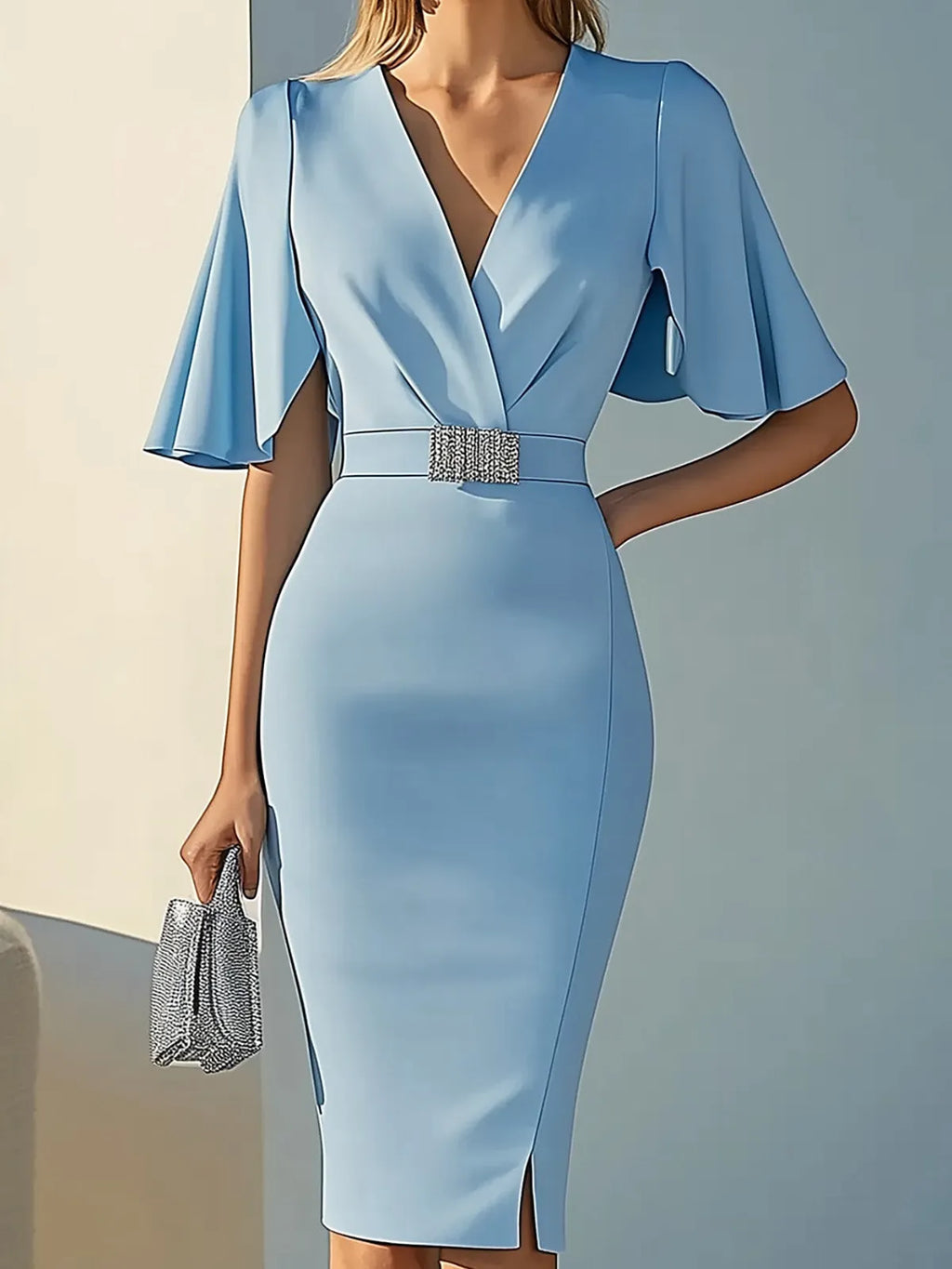 Light Blue Wide-Sleeve Sheath Dress with Silver Rhinestone Waistband