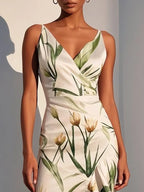 Off White V Neck Floral Mermaid Midi Satin Dress