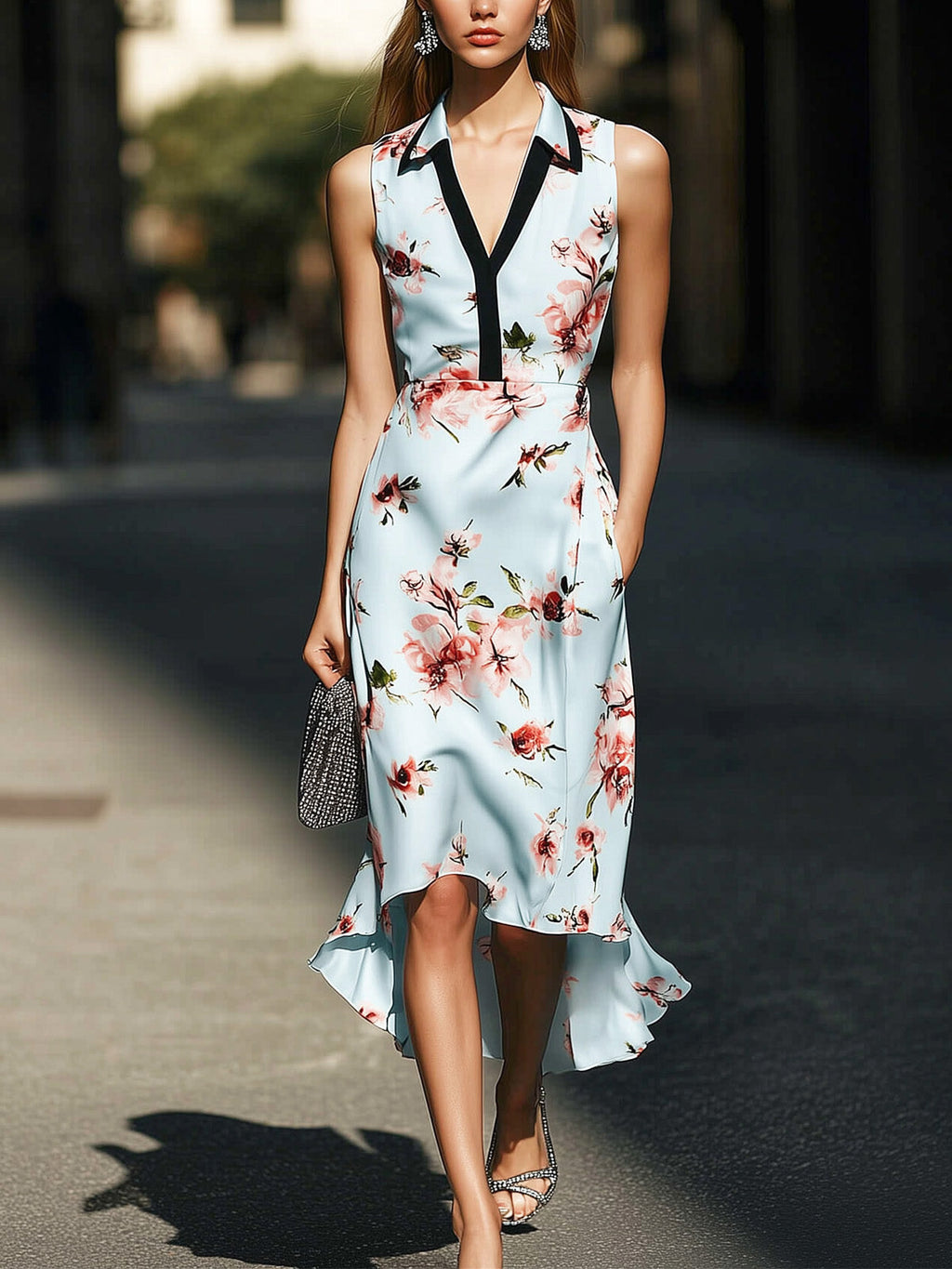 Light Blue Satin Floral Dress With Black Collar Trim
